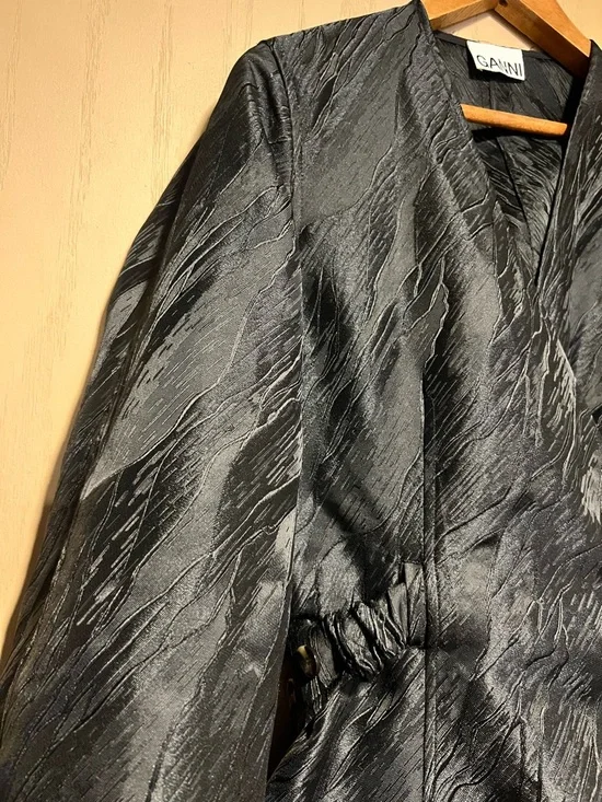 Ganni Black Textured Wrap Mini Dress with Puff Sleeves - Picture 2 of 5